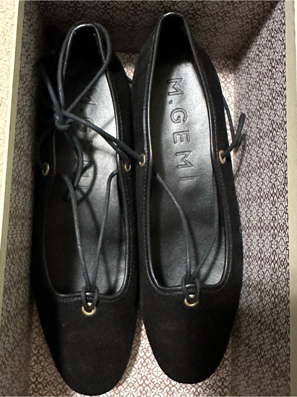 M. Gemi Black Suede Lace-Up Ballet Flats